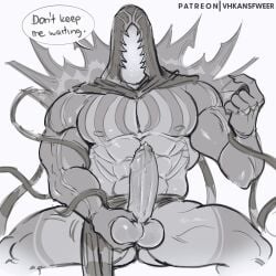 1boy 2d 2d_(artwork) abs balls big_penis clothing_aside crotch_robe cum death_must_die dialogue_bubble faceless_male flat_colors hood hood_up leaking_cum leaking_precum legs_apart legs_spread looking_at_viewer male male_focus male_only muscular muscular_male nipples no_background penis penis_out precum ribbons solo solo_focus speaking_to_viewer squeezing_balls text text_bubble time_(death_must_die) veiny_penis vhkansfweer