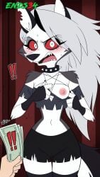 1boy 1girls ai_generated anthro blush breasts crop_top ears ends34 female female_focus fingerless_gloves furry goth goth_girl grey_body grey_fur grey_hair hellhound helluva_boss human long_hair looking_at_partner looking_at_viewer loona_(helluva_boss) male male_pov nipple no_bra open_mouth red_sclera shorts spiked_collar stockings tail thighhighs two_tone_body two_tone_fur two_tone_tail white_body white_eyes white_fur wolf wolf_girl