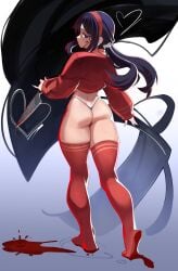 back_view big_ass big_breasts big_butt big_thighs big_titties blood cappie_(miside) clothing cool_mita_(miside) curvaceous curvaceous_female curvaceous_figure curvy curvy_figure curvy_hips exnezo female female_focus female_only long_hair looking_at_viewer miside purple_hair short_hair soles stockings_thigh_highs thigh_highs