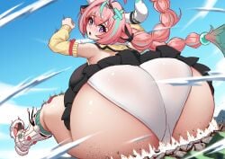 animal_ears butt_crush female female giantess hair_band highres horns huge_ass panties pink_hair short_skirt tempuru thick_thighs twintails two_tone_hair varesa_(genshin_impact) white_panties