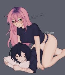aged_up anal artist_upload aubrey_(omori) black_hair black_shirt blue_eyes closed_eyes dyed_hair eye_scar female femdom ganvicyaoi male murderedonthenordexpress omori pegging piercings pillow pillow_grab pink_hair roots_(hair) roots_showing self_harm self_harm_scars self_upload smaller_male strap-on strapon sunny_(omori) wholesome
