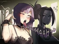 2girls ahe_gao ahegao_face boku_no_hero_academia choker cleavage closed_eyes female heart kyoka_jiro kyumini lace momo_yaoyorozu my_hero_academia my_hero_academia_(finale) parody peace_sign post-timeskip purple_eyes purple_hair saliva_on_tongue sweatdrop tank_top text tongue_out