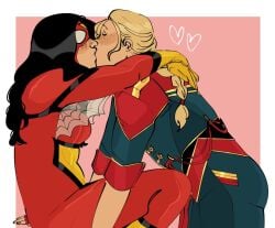 1futa 2girls avengers big_ass big_breasts big_butt blue captain_marvel carol_danvers couple hairy_pussy heroine horny_female jessica_drew kiss_marks kissing light-skinned_male light_skin marvel marvel_comics milf ms._marvel panties red romantic_couple sexy_ass sexy_body spider_woman tongue_kiss yuri