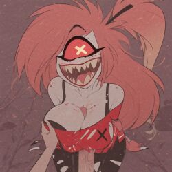 accurate_art_style ai_generated amazon_prime big_breasts breasts cherri_bomb civitai clothed cyclops female freckles_on_breasts freckles_on_shoulders hazbin_hotel male monster_girl outercourse paizumaster69 paizuri penis penis_between_breasts pink_hair red_lipstick sharp_teeth titjob vivienne_medrano white_skin youtube
