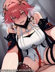 1female 1girls 2d 2d_(artwork) ai_generated amber_eyes blowjob blowjob_face brown_eyes changli_(wuthering_waves) cock_in_mouth colored_hair dick fucking hair_accessory patreon patreon_username pink_hair ryogangg sex wuthering_waves