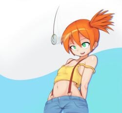 arms_behind_back bare_shoulders breasts camisole crop_top denim female green_eyes kasumi_(pokemon) midriff navel open_mouth orange_hair short_hair shorts side_ponytail small_breasts smile solo strap_slip suspenders tank_top thekinkyfinn