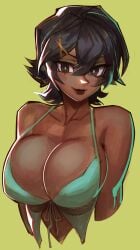 big_breasts big_titties bikini black_hair brown_skin commission exnezo female female_focus female_only looking_at_viewer original original_character short_hair