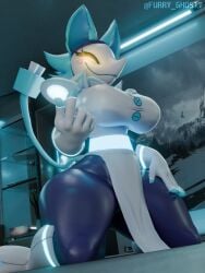 2025 3:4 3d_(artwork) absurd_res anthro beckoning big_breasts black_body blue_hair boots bottomwear breasts clothing darkner deltarune digital_media_(artwork) felid feline female floating_hands footwear furry_ghosty gesture glowing glowing_eyes hair hi_res kneeling loincloth looking_at_viewer mammal pussy shoes solo tasque tasque_manager_(deltarune) undertale_(series) vulva white_body white_boots white_clothing white_footwear yellow_eyes