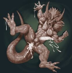 1boy anthro ass balls behemoth claws cum cum_in_ass cum_inside demon ejaculation erection fangs gay hi_res horns humanoid justmegabenewell long_tail male male_only muscular muscular_male nude pecs penis petrification solo solo_focus tail