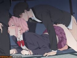 1girls 2025 2boys ai_assisted ai_generated all_fours anime anime_girl anime_style artist_name bangs black_hair black_jacket blazer blush bow bowtie cardigan clothed_sex collared_shirt dandadan doggy_style fellatio female group_sex hi_res high_quality high_res high_resolution highres jacket long_sleeves mmf_threesome multiple_boys oral patreon patreon_username penis pink_eyes pink_hair pleated_skirt purple_skirt red_bow red_bowtie rinkoai saliva school_uniform sex sex_from_behind shiratori_aira_(dandadan) shirt short_hair skirt socks spitroast straight sweat threesome uncensored watermark white_shirt