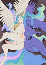 absurd_res animal_genitalia animal_penis anthro anus balls blue_anus blue_eyes blue_hair blue_penis crown duo equid equine equine_genitalia equine_penis erection feathered_wings feathers femboy flat_colors friendship_is_magic ftm_crossgender genitals gradient_penis green_hair hair hasbro headgear hi_res horn lying male male_anthro mammal medial_ring mouth_closed multicolored_hair my_little_pony mythological_creature mythological_equine mythology nude on_side pegasus penis pink_anus pink_hair pink_penis princess_celestia_(mlp) princess_luna_(mlp) purple_balls purple_body purple_eyes purple_horn purple_wings rule_63 satanic_monkey simple_background vein veiny_penis white_balls white_body white_horn white_penis white_wings wings
