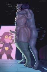2025 2_horns 2boys 3_toes 5_fingers 5_toes anal anal_sex anthro anthro_penetrated balls bedroom_sex blue_body blue_skin bovid caprine clothing colored darkner deltarune digital_drawing_(artwork) digital_media_(artwork) english_description english_text erection feet female femboy fingers genitals goat green_clothing green_legwear group hair half-closed_eyes hand_on_arm hand_on_chest heart_eyes heart_symbol hi_res horn hug hugging_another hugging_from_behind human human_on_anthro human_penetrating human_penetrating_anthro humanoid_genitalia humanoid_penis humor interspecies kris_(deltarune) legwear legwear_only lightner looking_back male male/male male_penetrated male_penetrating male_penetrating_male mammal motion_lines multiple_boys narrowed_eyes nonbinary_(lore) nude_human nude_male open_mouth penetration penile penile_penetration penis pink_eyes pink_horn pose profanity ralsei scalie sex sex_from_behind small_horn standing standing_sex stomach_bulge susie_(deltarune) talking_to_another talking_to_partner tap34 text toes trio undertale_(series) walk-in wide_eyed