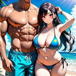 1boy 1boy1girl 1girls abs ai_generated beach big_breasts big_muscles bikini black_hair blush breasts couple curvy curvy_female curvy_figure faceless faceless_male female happy imminent_sex long_hair male masculine_male muscular muscular_male pecs red_eyes romantic short_hair size_difference smaller_female taller_male thick_thighs voluptuous voluptuous_female