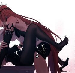 2girls ^^^ absurdres arched_back black_gloves black_pantyhose black_shoes black_skirt black_sleeves clothed_sex detached_sleeves dorsiflexion dress elisbian elizabeth_rose_bloodflame elizabeth_rose_bloodflame_(1st_costume) extreme_dangling eyes_out_of_frame feet feet_up female futa_with_female futanari gloves halftone halftone_background halterneck hand_on_another's_arm hand_on_another's_stomach head_out_of_frame heart heavy_breathing high_heels highres hololive hololive_english implied_futa implied_sex intersex legs_up long_hair lying missionary multiple_girls muscular muscular_female nerissa_ravencroft nerissa_ravencroft_(casual) official_alternate_costume on_back open_mouth pantyhose pencil_skirt red_hair shirt shoe_dangle shoes single_glove single_shoe skirt spoken_heart trembling two-tone_dress very_long_hair virtual_youtuber white_background white_dress white_shirt womb_massage