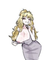 amazing beautiful big_breasts blonde_female blonde_hair breasts cat___nip distortion_detective ezra_(distortion_detective) ezra_(project_moon) female finger_up hot perfect project_moon red_eyes revealing_breasts smug star_hair_ornament suggestive sweat tagme
