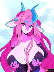 anthro big_breasts blue_eyes breasts cleavage clothed clothing collarbone dragon female heterochromia hi_res horn lips long_hair looking_at_viewer mouth_closed mythological_creature mythological_scalie mythology pink_eyes pink_hair scalie smile solo thick_lips ziffir