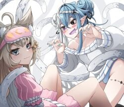 2d 2girls alien_girl aquwa artist_request bare_ass bare_hands bare_legs bare_shoulders bare_skin bare_thighs black_bow black_eyes blonde_hair blue_eyes blue_fingernails blue_hair blue_panties blush blushing braid cat_ears cat_girl cat_tail catgirl collarbone cweamcat_(vtuber) female hair_ornament indie_virtual_youtuber leg_tattoo pink_dress purple_eyes sharp_ears sweater tagme twitch virtual_youtuber vtuber white_hair