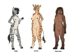 2025 4_toes anthro areola bear biped black_hair black_stripes blonde_hair breasts brown_body brown_fur brown_hair brown_spots claws clenched_teeth digital_media_(artwork) equid equine feet female fingers foxovh front_view fur giraffe giraffid green_eyes group hair hand_on_hip hand_on_own_hip hooves inner_ear_fluff looking_aside looking_at_another looking_at_viewer mammal markings navel nipples nude nude_anthro nude_female pussy red_eyes smile spots spotted_body spotted_fur standing striped_body striped_fur striped_markings striped_tail stripes tail tail_markings teeth toe_claws toes trio tuft vulva white_body white_fur zebra