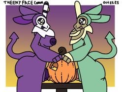 animate_inanimate anthro bedroom_eyes big_breasts bovid breasts caprine fellatio food fruit fur furry genitals goat green_body green_fur gynomorph horn intersex male mammal narrowed_eyes nipples open_mouth oral ordon_goat penile penis piercing plant pumpkin pumpkin_fucking purple_body purple_fur seductive sex spitroast theenyface tongue