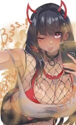 :p black_hair blush breasts choker cleavage collar comission crop_top dark-skinned_female ear_piercing fake_horns fart fart_cloud fart_fetish farting female female_only fishnets gamersupps gassy gassy_female hairclip heart_sticker horns hot large_breasts long_hair melonarts2_(artist) one_eye_closed original outstretched_arm panties phone posing posing_for_picture selfie sexy skirt smartphone smell stink_fumes stinky stinky_fart thong tongue_out wink winking_at_viewer