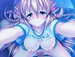 aozora_stripe blonde_hair blue_eyes blush braid breasts censored collarbone female game_cg hair_ribbon long_hair nipples penis piromizu ribbon sawatari_kotone twin_braids