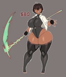 1girls adoptable furiousart looking_at_viewer scythe smile tagme thick_thighs weapon wide_hips