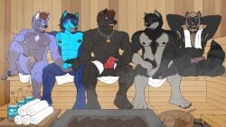 animal_genitalia animal_penis anthro balls biceps black_body black_fur blonde_hair blue_body blue_fur body_hair brown_hair canid canine canine_genitalia canine_penis canis casual_nudity djwolf erection facial_hair fawks_silvarin feet fingers foreskin fox fur genitals grey_body grey_fur grimsvault group hair hi_res ishiga ishiga_nojima male male/male mammal muscular muscular_male navel nipples nude onyx_wasson pecs penis pink_nose raccoon_dog sauna sitting smile tail tanuki teeth tongue towel uncircumcised wolf yamato_iouko yamatoiouko