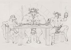 absurd_res anthro balls bottomwear bovid bovine card cattle chair clothed clothing container cup flaccid foreskin front_view furniture genitals group hi_res holding_container holding_cup holding_mug holding_object hooves humanoid_genitalia humanoid_penis inside loincloth looking_aside male male_anthro mammal monochrome mouth_closed mug murid murine muscular muscular_anthro muscular_male narrowed_eyes navel nipples penis playing_card rat rodent satanic_monkey sitting size_difference table topless trio uncircumcised