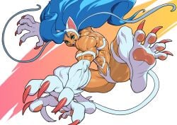 blue_hair breasts cat_ears catgirl darkstalkers felicia_(darkstalkers) female green_eyes large_breasts muscular muscular_female pokkuti spread_legs tail thick_thighs