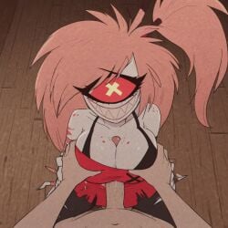 accurate_art_style ai_generated big_breasts cherri_bomb clothed cyclops hazbin_hotel monster_girl outercourse paizuri paizuri_lead_by_male penis_between_breasts pink_hair titjob vivienne_medrano white_skin