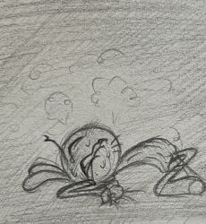 1boy alien bitting_lip blush censored closed_eyes drooling hidden_vibrator male male_focus male_only masturbation monochrome saliva traditional_media traditional_media_(artwork) vibrator wander_(wander_over_yonder) wander_over_yonder