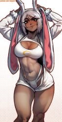 1girls abs bare_legs bare_thighs big_breasts bunny_ears bunny_girl clothed clothing color dark-skinned_female dark_skin female female_focus female_only fit_female hi_res large_breasts looking_at_viewer mirko miruko muscles muscular muscular_female my_hero_academia red_eyes rumi_usagiyama short_hair solo solo_female stopu tagme tanline thick_thighs white_hair