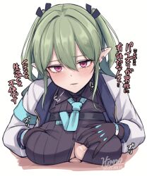 1boy android black_gloves black_shirt blush breasts button_gap collared_shirt dated female gloves green_hair hair_between_eyes hiruno jacket large_breasts long_hair long_sleeves looking_at_viewer lyon_(hiruno) male necktie open_clothes original paizuri paizuri_under_clothes parted_lips penis piercing pointy_ears pov purple_eyes shirt signature simple_background solo_focus straight twintails white_background white_jacket