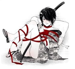 ass blush feet feet_up fundoshi gift_wrapped gintama hair_over_one_eye japanese_clothes katana kimono looking_at_viewer male male_only monochrome on_back red_eyes ribbon ribbon_bondage sandals solo spot_color sword takasugi_shinsuke twink ys_fry zouri