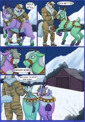 anthro antlers arcanine ass barn bell casual_nudity christmas christmas_clothing christmas_headwear clothing comic deer dialogue english_text female forced forced_transformation generation_1_pokemon genitals group harness hat headgear headwear hi_res holidays horn male mammal mr._henderson new_world_deer nintendo nude pickles-hyena pistachio_(pickles_hyena) pokemon pokemon_(species) reindeer santa_hat snow species_transformation teats text transformation trio udders