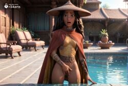 1girls ai_generated artist_name black_hair blurry blurry_background bottomless bracer brown_eyes cape chair cloak day disney female female_masturbation fingering hat hi_res large_hat long_hair looking_at_viewer masturbation open_mouth outdoors pool public_indecency pussy pussy_juice r34arts raya_(ratld) raya_and_the_last_dragon red_cape red_cloak solo standing standing_masturbation uncensored wading water