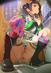 absurdres amatsu_amaguri anus aqua_bow aqua_bowtie asymmetrical_legwear bar_censor bathroom black_boots black_collar black_hair blunt_bangs blunt_sidelocks boots bow bowtie breasts cellphone censored closed_mouth collar collarbone collared_shirt commentary_request dot_mouth dress_shirt earrings expressionless female fingernails full_body gradient_hair green_jacket grey_hair grey_skirt hand_up hidden_camera highres holding holding_phone idolmaster idolmaster_shiny_colors indoors jacket jewelry knee_boots kneehighs long_hair long_sleeves looking_ahead menstrual_pad multicolored_hair multicolored_socks multicolored_thighhighs nail_polish open_clothes open_jacket panties panty_pull peeing phone plaid_clothes plaid_skirt pleated_skirt purple_eyes purple_nails pussy school_uniform shirt sidelocks skirt smartphone socks speech_bubble spiked_collar spikes squat_toilet squatting tanaka_mamimi thigh_strap thought_bubble tile_floor tiles toilet_use translation_request twintails underwear urine variant_set voyeurism white_panties white_shirt