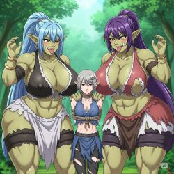 ai ai_generated anime_style big_breasts blue_hair bondage breasts cleavage dominant_female elf_girl fangs fantasy female female_only forest_background green_skin group long_hair monster_girl muscular muscular_female non_explicit orc_girl original_character pointy_ears purple_hair red_eyes ripped_clothing rope silver_hair slave_raid submissive_female tied_up torn_clothes trio yellow_eyes