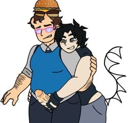 007n7_(forsaken) 1boy 1other clothed cum cum_on_hand dilf fat_male forsaken_(roblox) glasses hairy_male horns jerking_off jerkingoff_another karkatowned tail two_time_(forsaken)