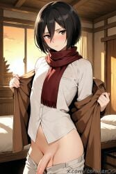 1boy ai_generated attack_on_titan balls bed black_hair blush femboy genderswap_(ftm) indoors jacket looking_at_viewer male male_only mikasa_ackerman open_jacket paradis_military_uniform penis rule_63 scarf shingeki_no_kyojin solo standing survey_corps_(emblem) tagme tehmar trap undressing uniform white_pants window yaoi