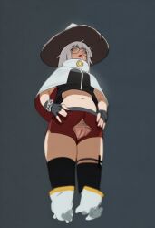 ai_generated chains female from_below game glasses gloves hat looking_at_viewer metro_gravity navel red_lipstick red_shorts stephanie_(metro_gravity) white_capelet white_hair yellow_eyes