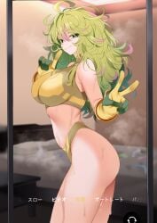 bed boku_no_hero_academia breasts colored_tips condom crop_top gloves green_eyes green_hair hagakure_toru highres indoors kippuru large_breasts long_hair looking_at_viewer messy_hair micro_shorts midriff multicolored_hair pink_hair shirt shorts smile steaming_body sweat unusually_visible used_condom v yellow_gloves yellow_shirt yellow_shorts