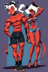 abs ai_generated bare_arms bare_legs bare_shoulders bare_thighs big_breasts bikini bikini_top black_hair bulge clothed clothing color demon demon_girl demon_horns demon_tail female fit_female gigiti helluva_boss hi_res imp jean_shorts large_breasts looking_at_viewer moxxie_(helluva_boss) muscles muscular muscular_female muscular_male red_body red_skin short_hair shorts tagme thick_thighs white_hair