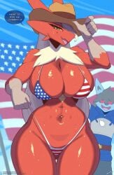 1girls 2020s 2025 2d 2d_(artwork) american_flag american_flag_bikini ass_visible_through_thighs big_thighs bikini blaziken breasts claws cleavage cowboy_cap dialogue female female_focus green_eyes hanako_(lyorenth-the-dragon) hat hi_res highres hips large_thighs long_hair looking_at_viewer lyorenth-the-dragon nintendo pokemon pokemon_(species) ponytail shiny shiny_skin solo solo_female solo_focus sweat sweating sweaty sweaty_body talking_to_viewer thick_thighs thighs toned toned_female white_hair wide_hips yellow_sclera