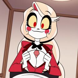 accurate_art_style ai_generated amazon_prime blonde_hair breasts charlie_morningstar_(hazbin_hotel) civitai clothed demon demon_girl female hazbin_hotel human male male/female outercourse paizumaster69 paizuri penis penis_between_breasts red_suit titjob vivienne_medrano youtube