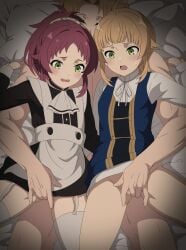 1boy 2girls absurdres aisha_greyrat black_dress blonde_hair blue_dress censored dress eufoniuz fingering garter_straps green_eyes half-siblings highres incest long_sleeves maid mosaic_censoring multiple_girls mushoku_tensei norn_greyrat open_mouth pinafore_dress ponytail red_hair rudeus_greyrat shimaidon_(sex) shirt short_hair siblings sisters sleeveless sleeveless_dress straight thighhighs white_shirt white_thighhighs