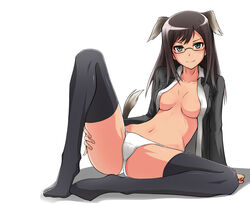 animal_ears black_hair black_legwear clothing eyewear federica_n_doglio glasses green_eyes long_hair medium_breasts no_bra open_clothes open_shirt panties sitting smile stockings strike_witches tail thighhighs ulrich_(tagaragakuin) underwear