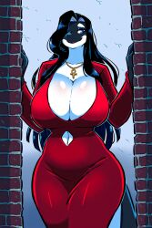 ai_generated anthro big_breasts black_hair blue_eyes breasts_bigger_than_head cleavage cross_necklace furry furry_focus giant_breasts hair_over_eye large_breasts long_hair majorfluffy marine_mammal mature_anthro mature_female narrow_waist navel_cutout necklace novelai orca red_dress smile straight_hair tagme thick_thighs two_tone_body whale wide_hips