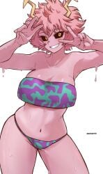 aosora armpits arms_up bandeau bare_shoulders big_breasts bikini boku_no_hero_academia dark_sclera female heroine horns looking_at_viewer mina_ashido my_hero_academia peace_sign pink_body pink_hair pink_skin short_hair smile smiling solo superheroine sweat sweatdrop sweaty swimsuit teeth thick_thighs thighs v voluptuous voluptuous_female white_background white_teeth