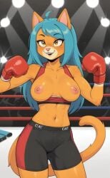 1girls ai_generated anthro blue_hair boxing_gloves breasts exposed_breasts feline female final_space pixai public_nudity queen_of_ventrexian solo_female tagme ventrexian